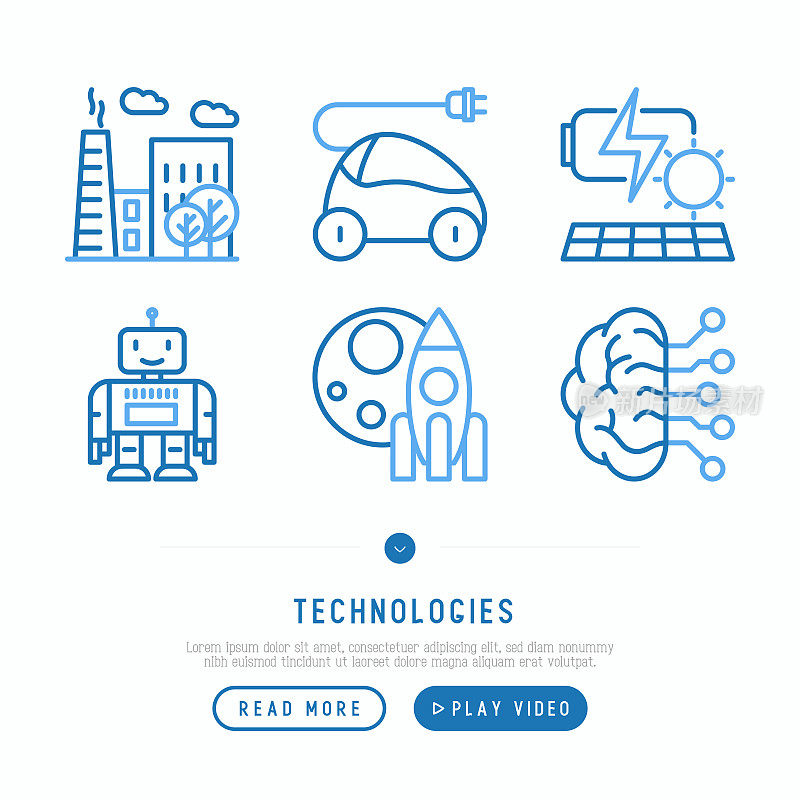 Technologies thin line icons set: electric car, rocket, robotics, solar battery, machine intelligence. Vector illustration, web page template.